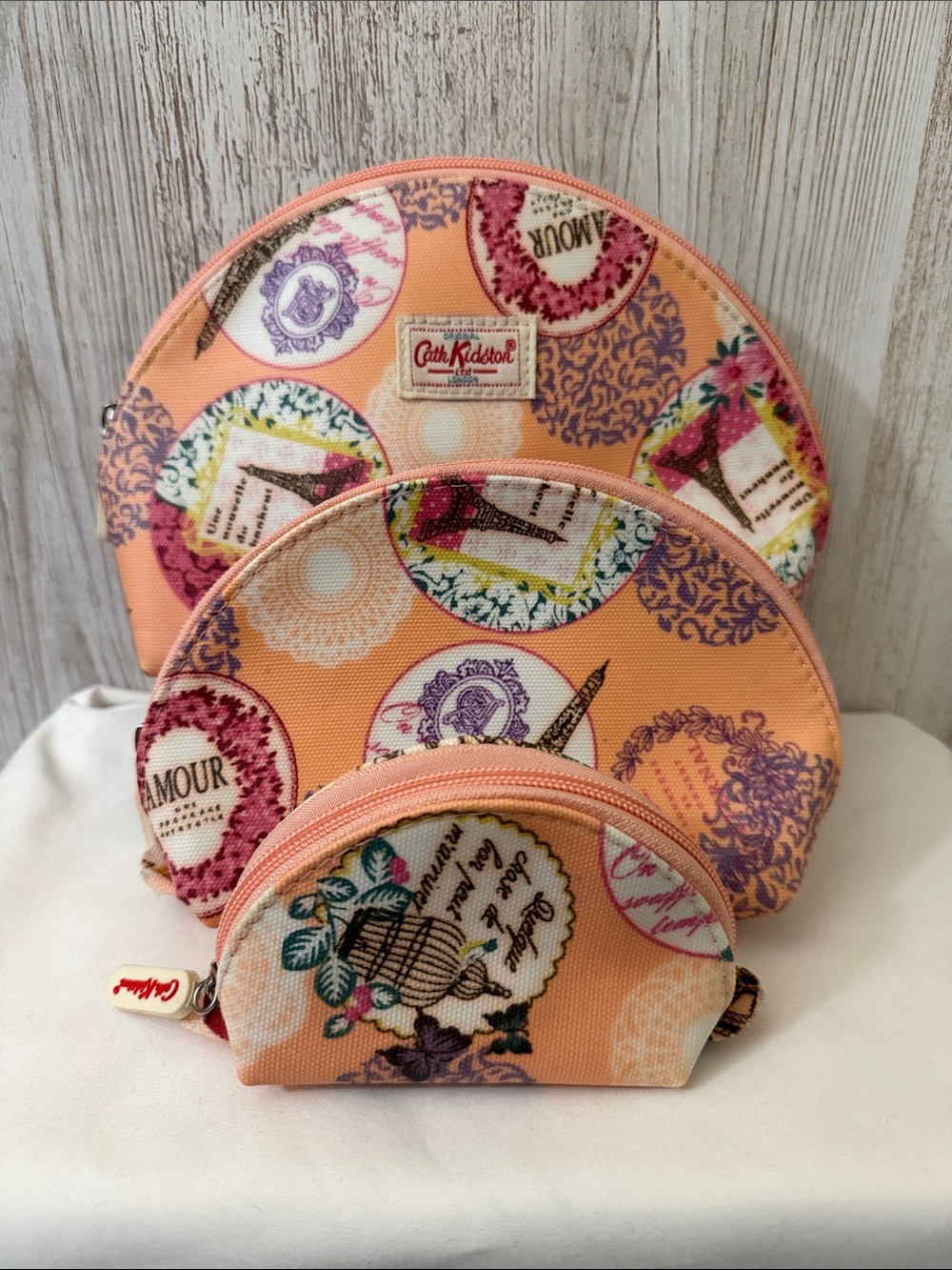 Cath Kidston Peach Eiffel Motif 3 Piece Cosmetic/Travel Pouch Set